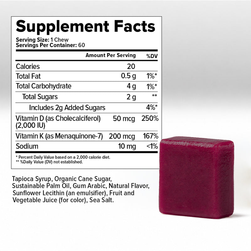 Supplement Facts panel for Inno Supps D3 + K2 Chews showing serving size, nutrition information, vitamins D3 and K2 content, ingredient list, and a single chew.