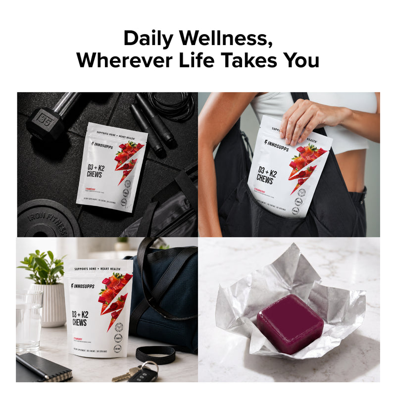 Lifestyle collage featuring Inno Supps Strawberry D3 + K2 Chews in gym, travel, and everyday settings, highlighting convenient daily wellness supplementation on the go.